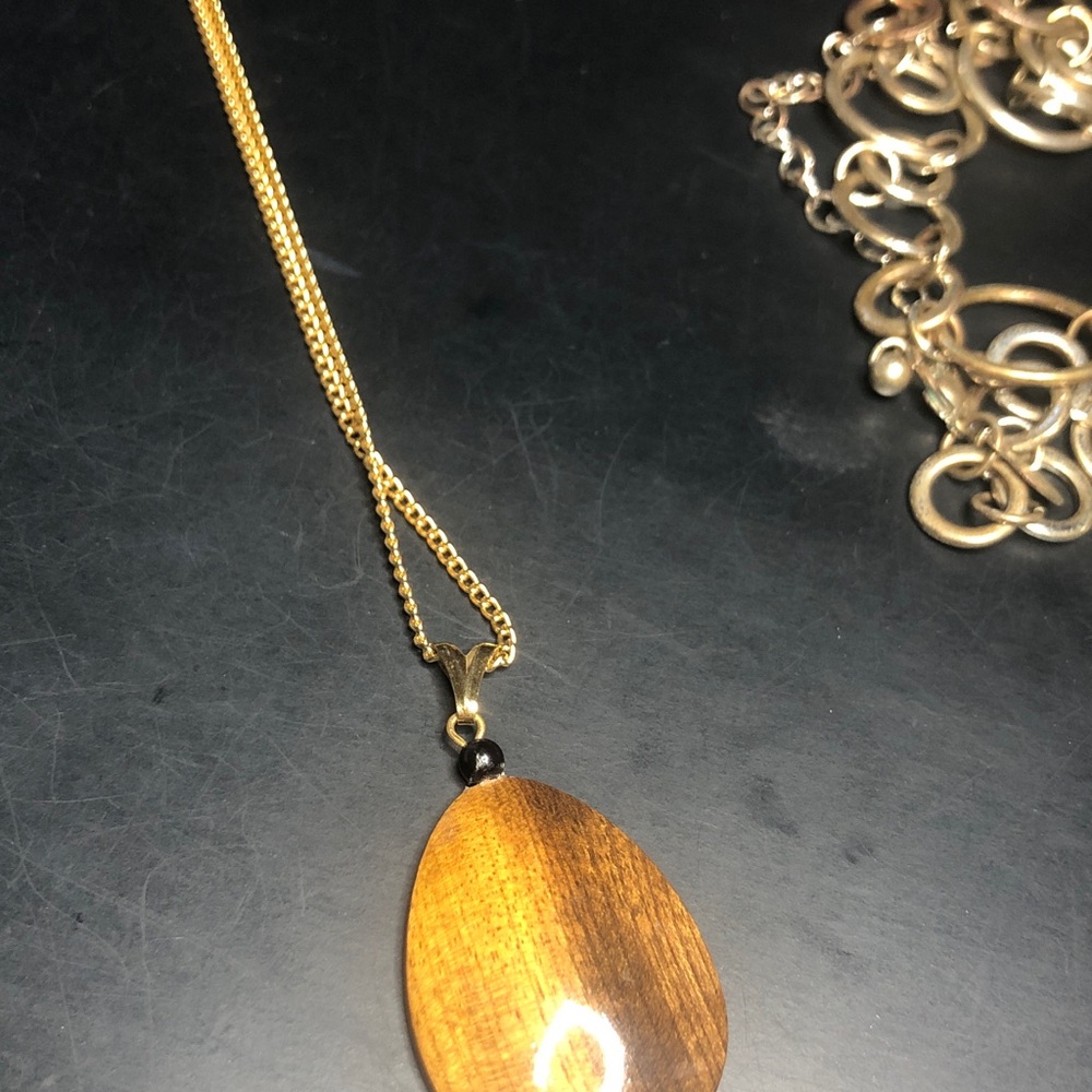 Gold-Tone Chain Necklace with Brown Wood Teardrop Pendant